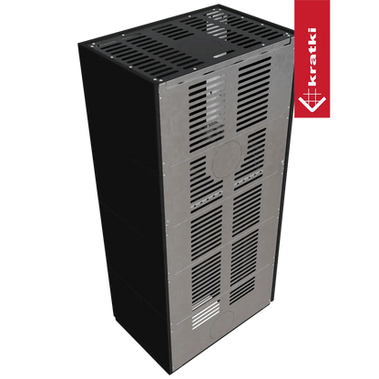 Kratki Floki S 8 kW Links, moderne zwarte kachel met geventileerde metalen behuizing.