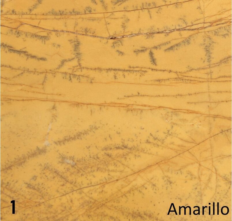 Schouw Amarillo: Geel marmer met grijze en bruine aders en vlekken.
