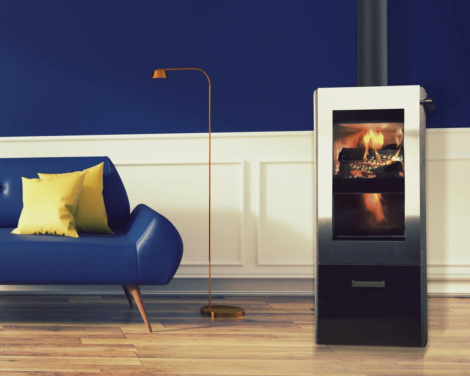 Xeoos Classic x8 in woonkamer met brandend vuur naast blauwe bank