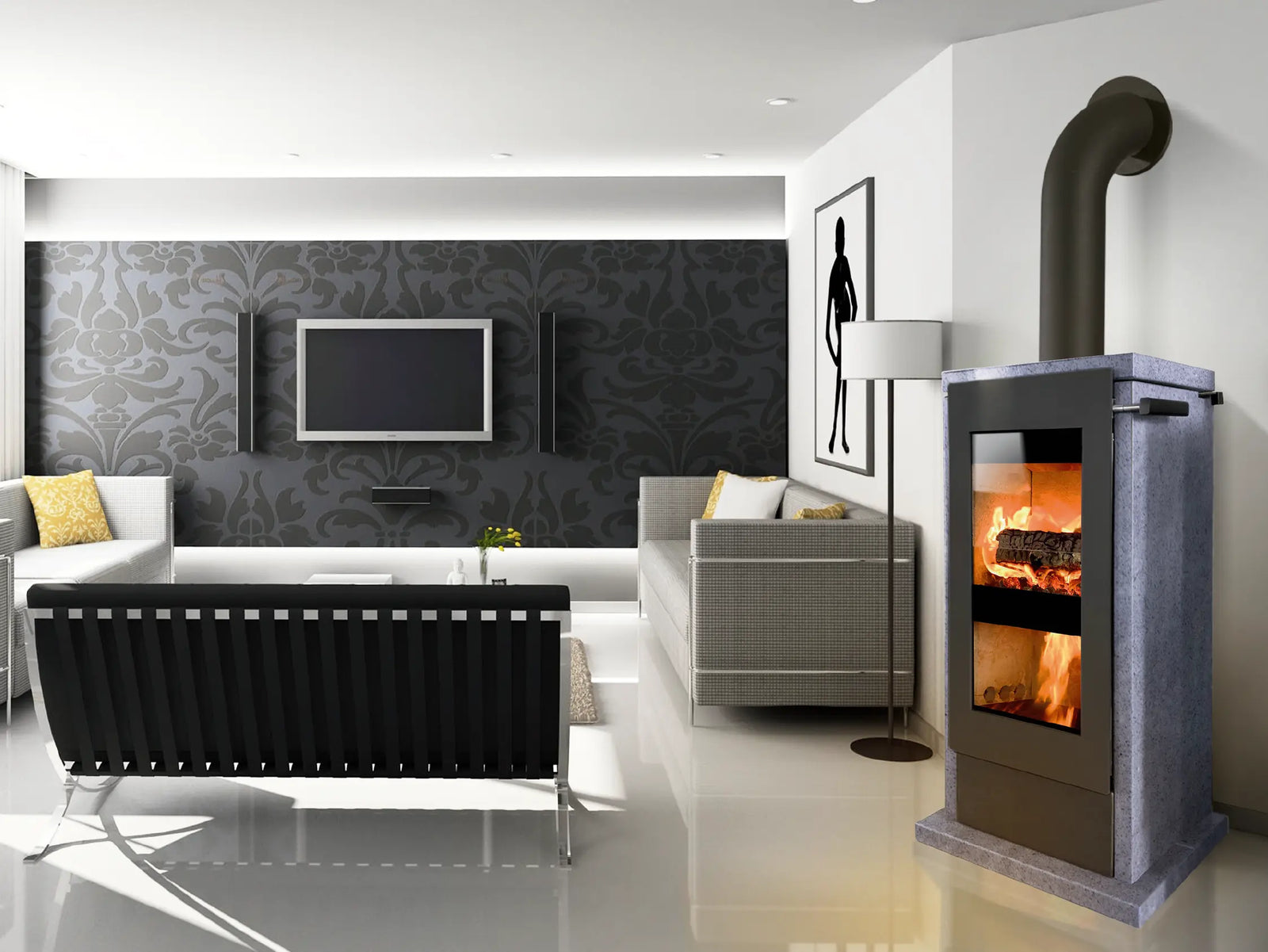 Xeoos Patagonia x8 houtkachel in moderne woonkamer met brandend vuur