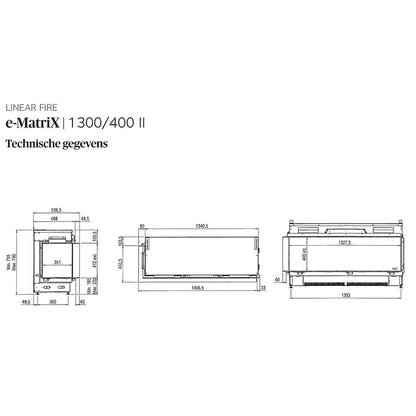 Technische tekening van de Faber e-MatriX 1300/400 II Hoek met gedetailleerde afmetingen.