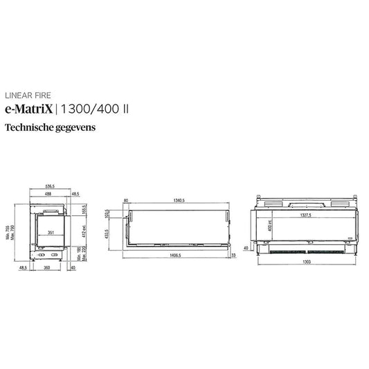 Technische tekening van de Faber e-MatriX 1300/400 II Hoek met gedetailleerde afmetingen.