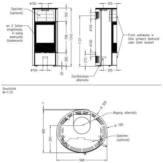 Technische tekening van Spartherm Senso L klassik met afmetingen en specificaties van onderdelen.