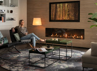 Trimline Fires 170H Front ingebouwd in een moderne woonkamer met vlammen