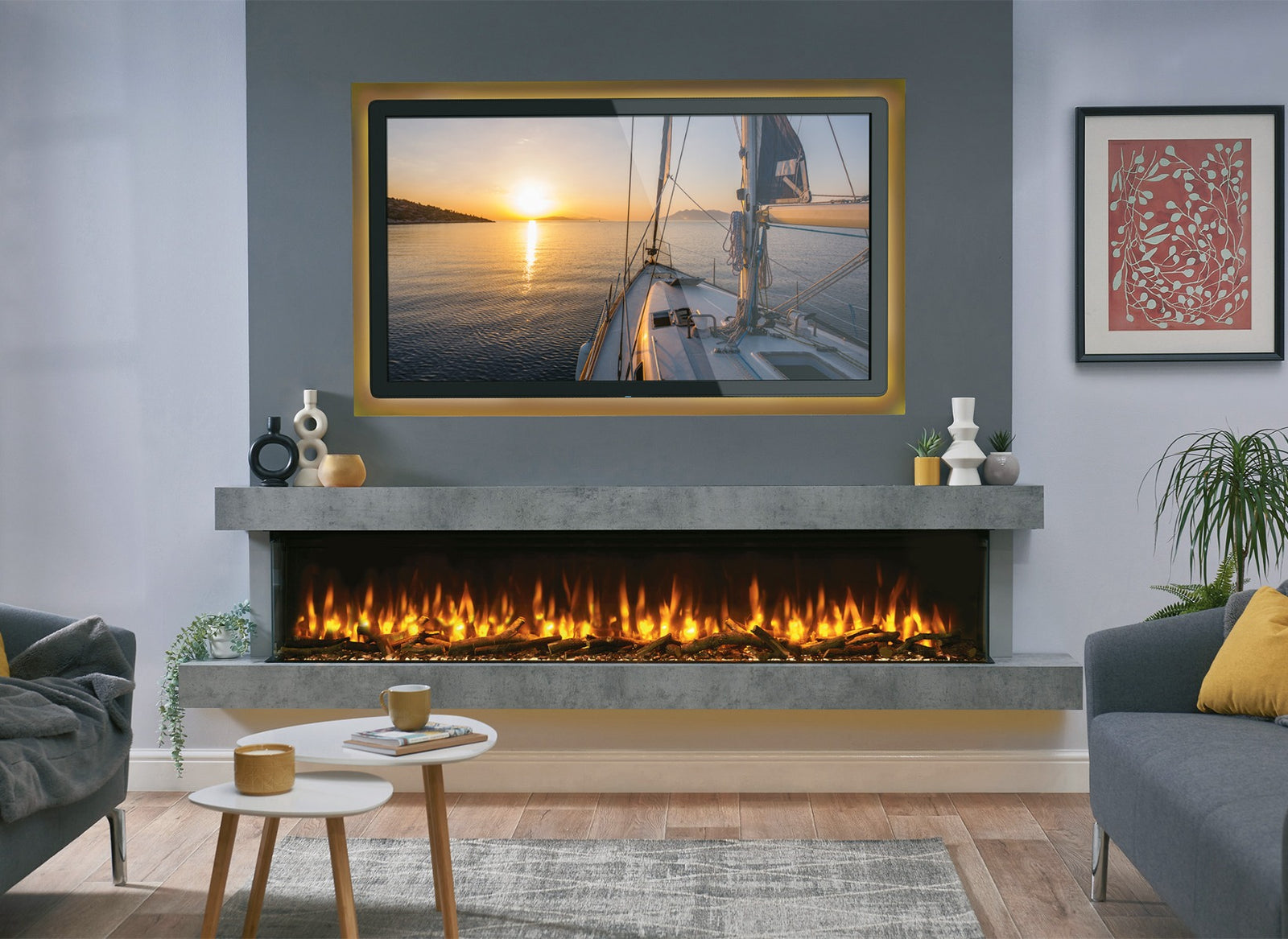 Charlton & Jenrick i-2000e Slim in moderne woonkamer met brede haard en vlammen