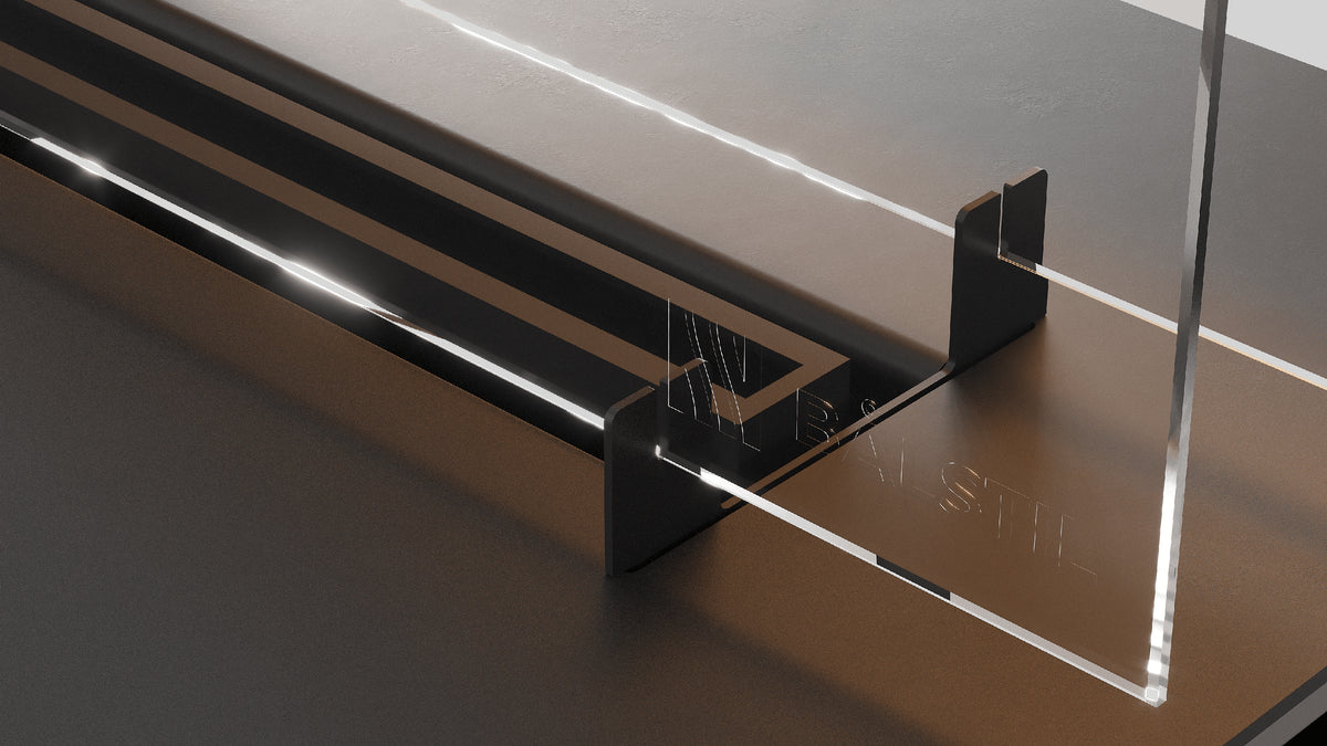 Detail van de Balstil FF 700 met metalen branderopening en glazen scherm