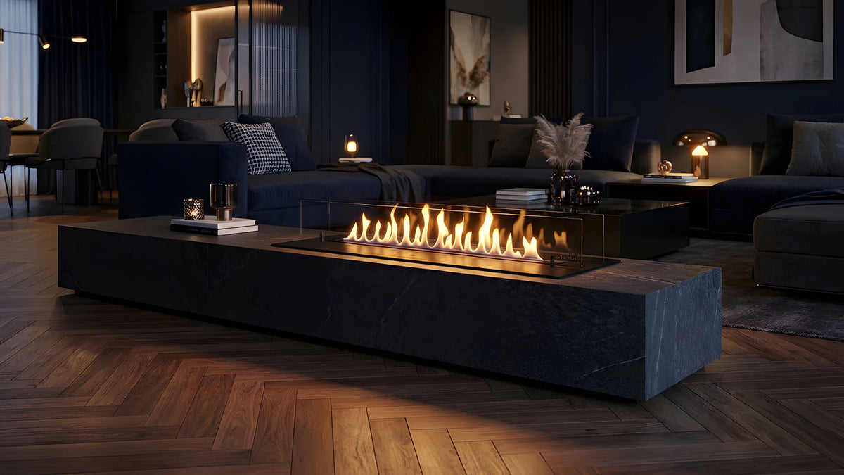 Balstil FF 700 met lange vlammen in een moderne woonkamer