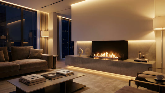 Balstil FF 1000 met brandende vlammen in een modern ingerichte woonkamer