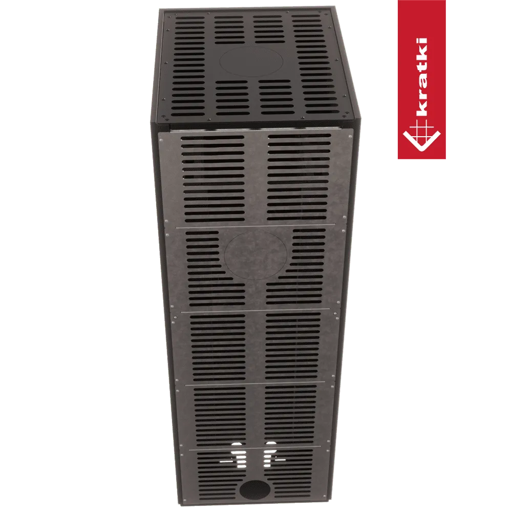 Kratki NBC 500/500 Hoog, zwarte metalen kachel met ventilatieroosters en merklogo aan de zijkant.