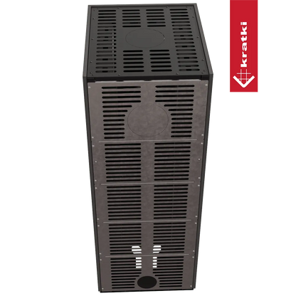 Kratki NBC 500/500, een rechthoekige metalen kachel met ventilatieopeningen en een zwart-rood logo.