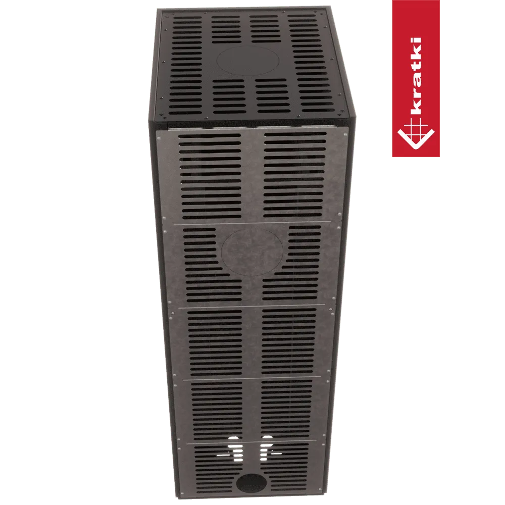 Kratki NBC 500/500 Hoog, rechthoekige metalen kachel met ventilatieopeningen en Kratki-logo.