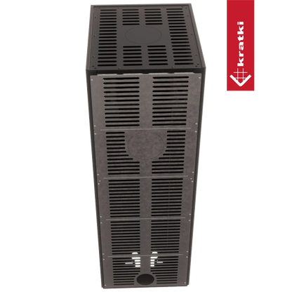 Kratki NBC 500/500 Hoog, rechthoekige metalen kachel met ventilatieopeningen en Kratki-logo.