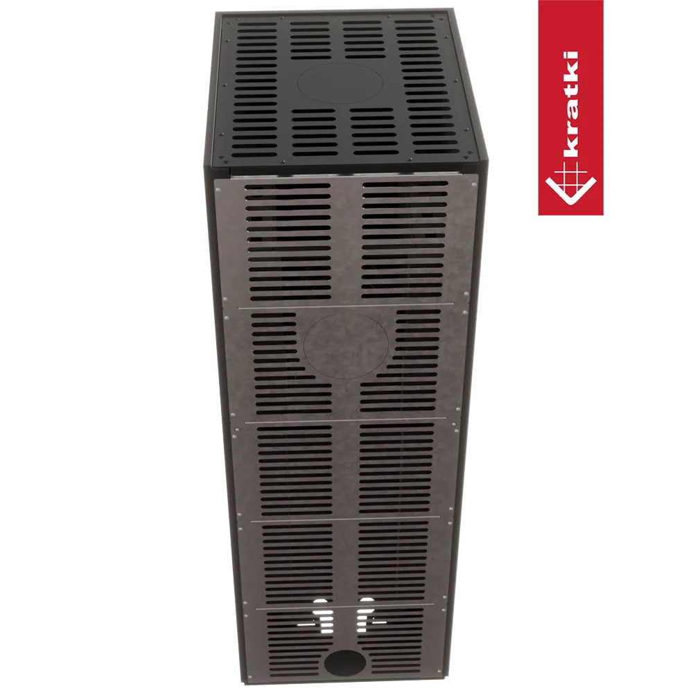Kratki NBC 500/500 Hoog, rechthoekige metalen kachel met ventilatieopeningen en Kratki-logo aan de zijkant.