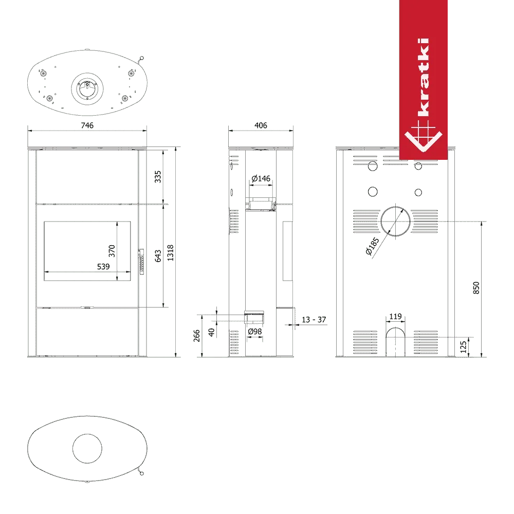 Technische tekening van de Kratki AB ROLLO 2 Hoog met afmetingen en specificaties.