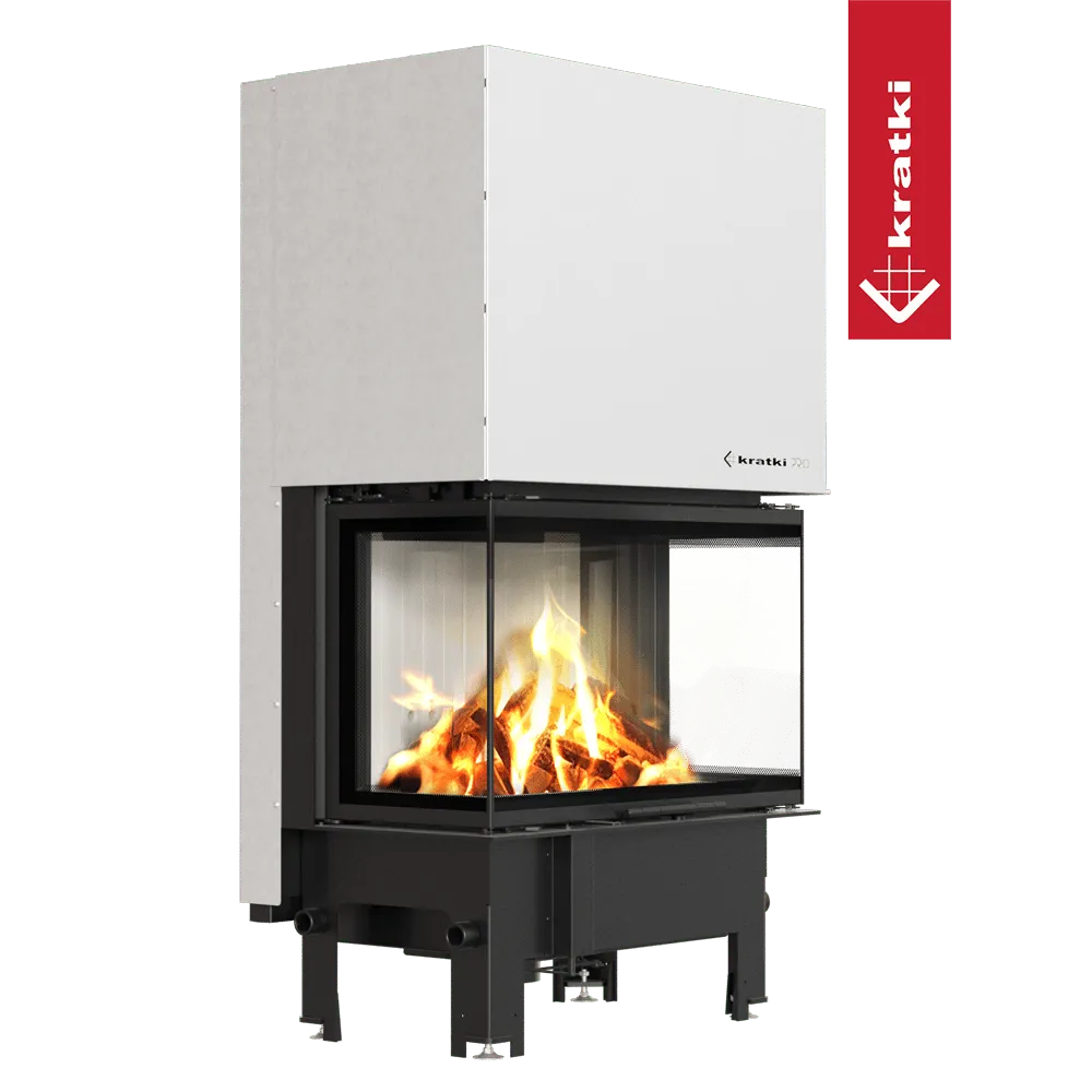 Kratki Regnor 800/400 haard met glazen panelen en brandend houtvuur.