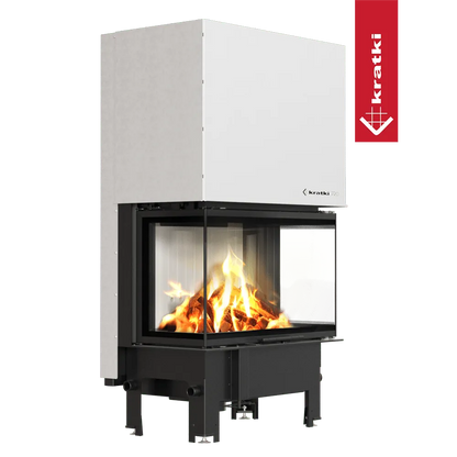 Kratki Regnor 800/400 haard met glazen panelen en brandend houtvuur.