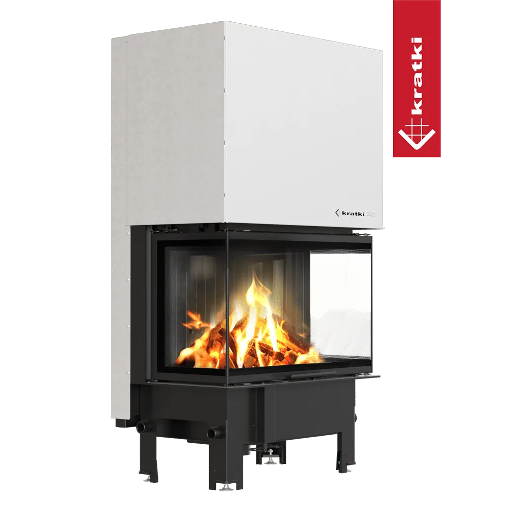 Kratki Regnor 800/400 moderne inbouwhaard met glazen zijpanelen en brandend houtvuur.