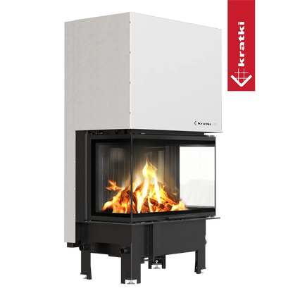 Kratki Regnor 800/400 moderne inbouwhaard met glazen zijpanelen en brandend houtvuur.
