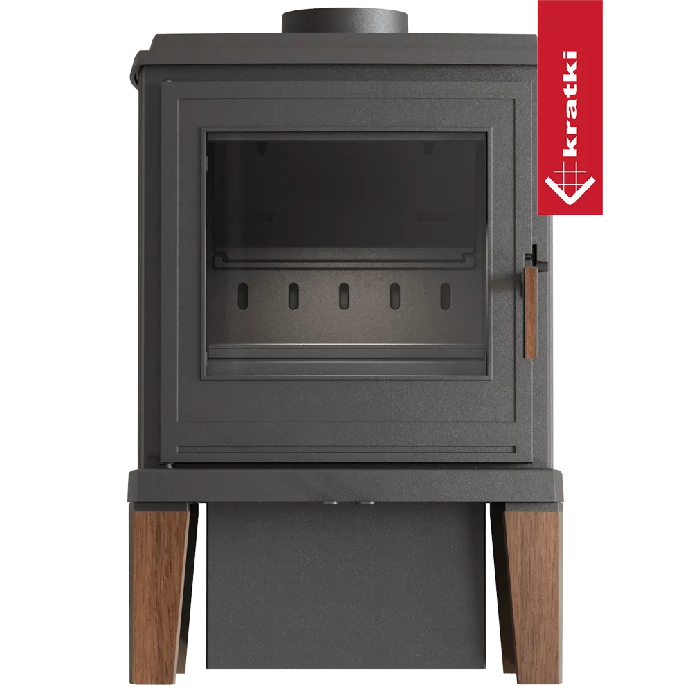Kratki K11 houtkachel met glazen deur en houten poten, modern en strak ontwerp.