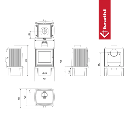 Schematische tekening van de Kratki K11 haard met afmetingen en logo.