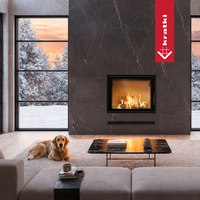 Kratki Lucy in moderne woonkamer met brandend inbouwhaard
