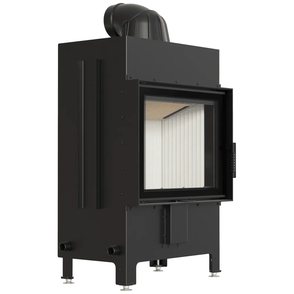 Zwarte Kratki Lucy 12 kW houtkachel met glazen deur en moderne uitstraling.