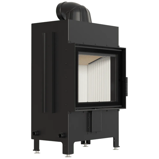 Zwarte Kratki Lucy 12 kW houtkachel met glazen deur en moderne uitstraling.