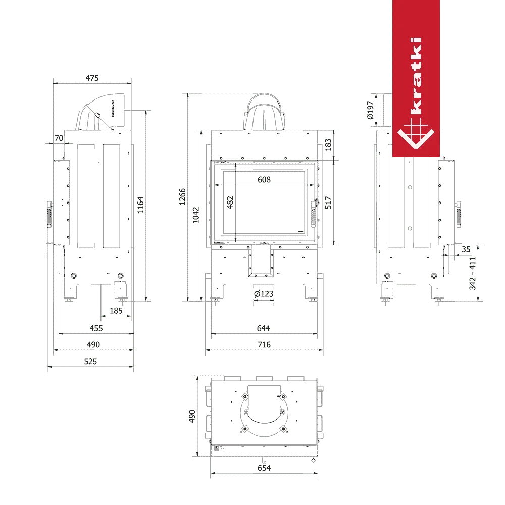 Technische tekening van Kratki Lucy 12 kW haard met afmetingen en specificaties.