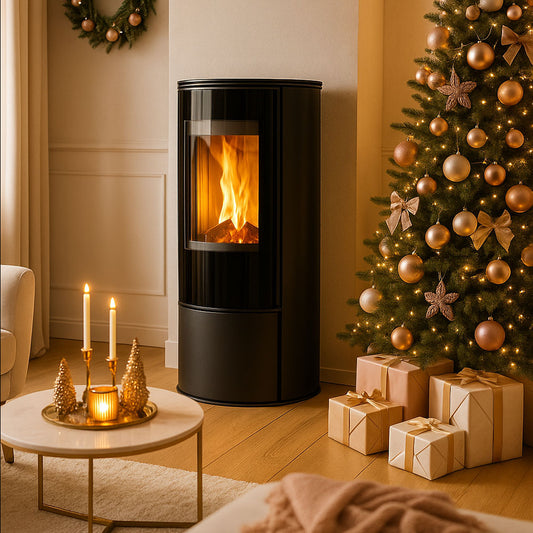 Kratki Skadi kachel in een feestelijke woonkamer naast kerstboom