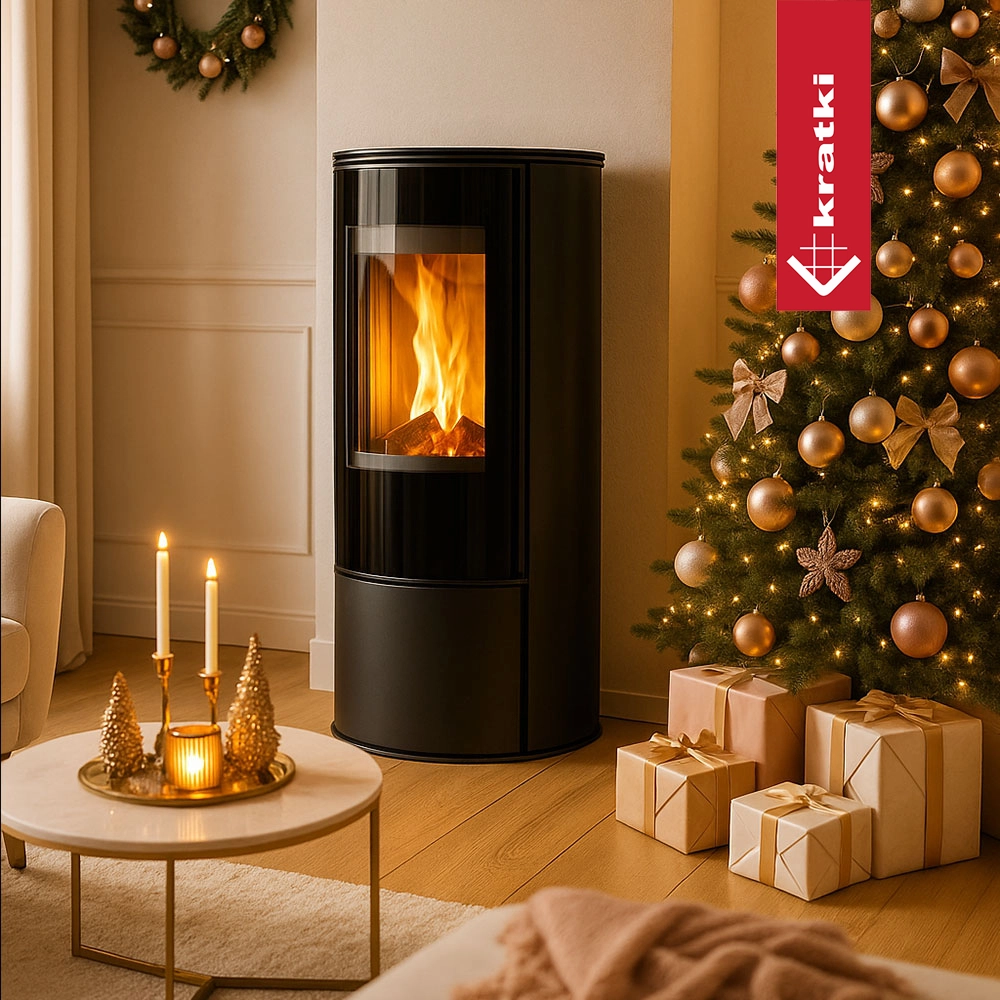 Kratki Skadi zwarte kachel in feestelijke woonkamer naast kerstboom