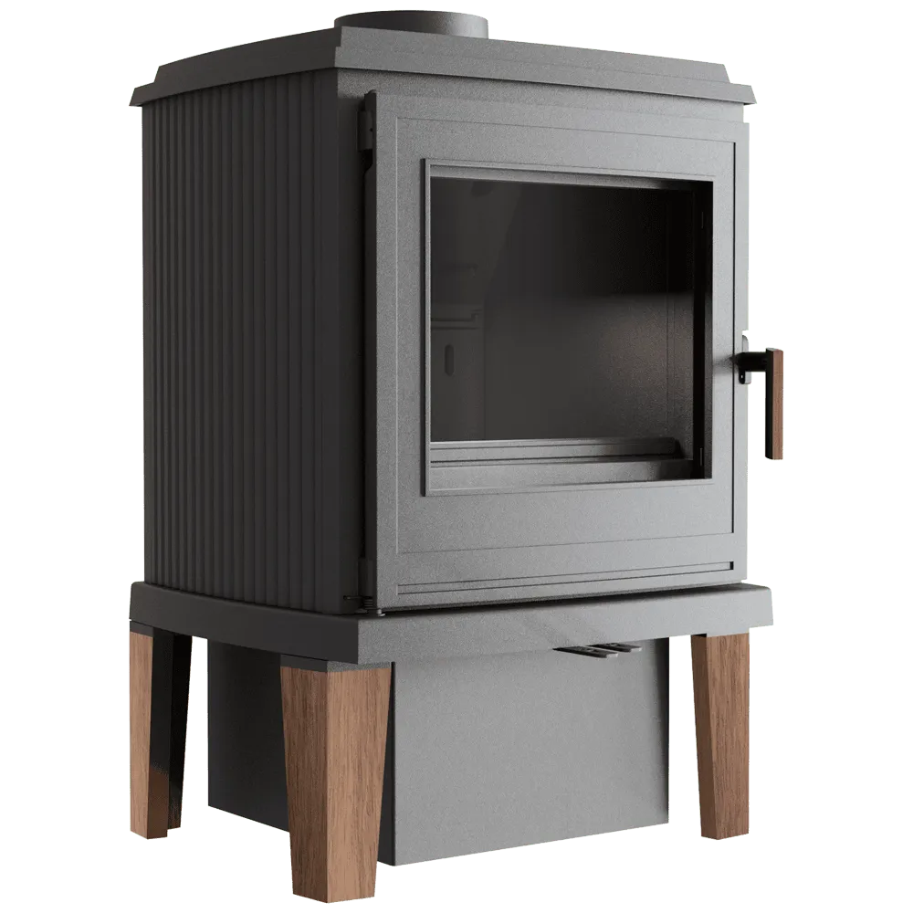 Kratki K11 houtkachel met glazen deur en houten poten, modern en robuust ontwerp.