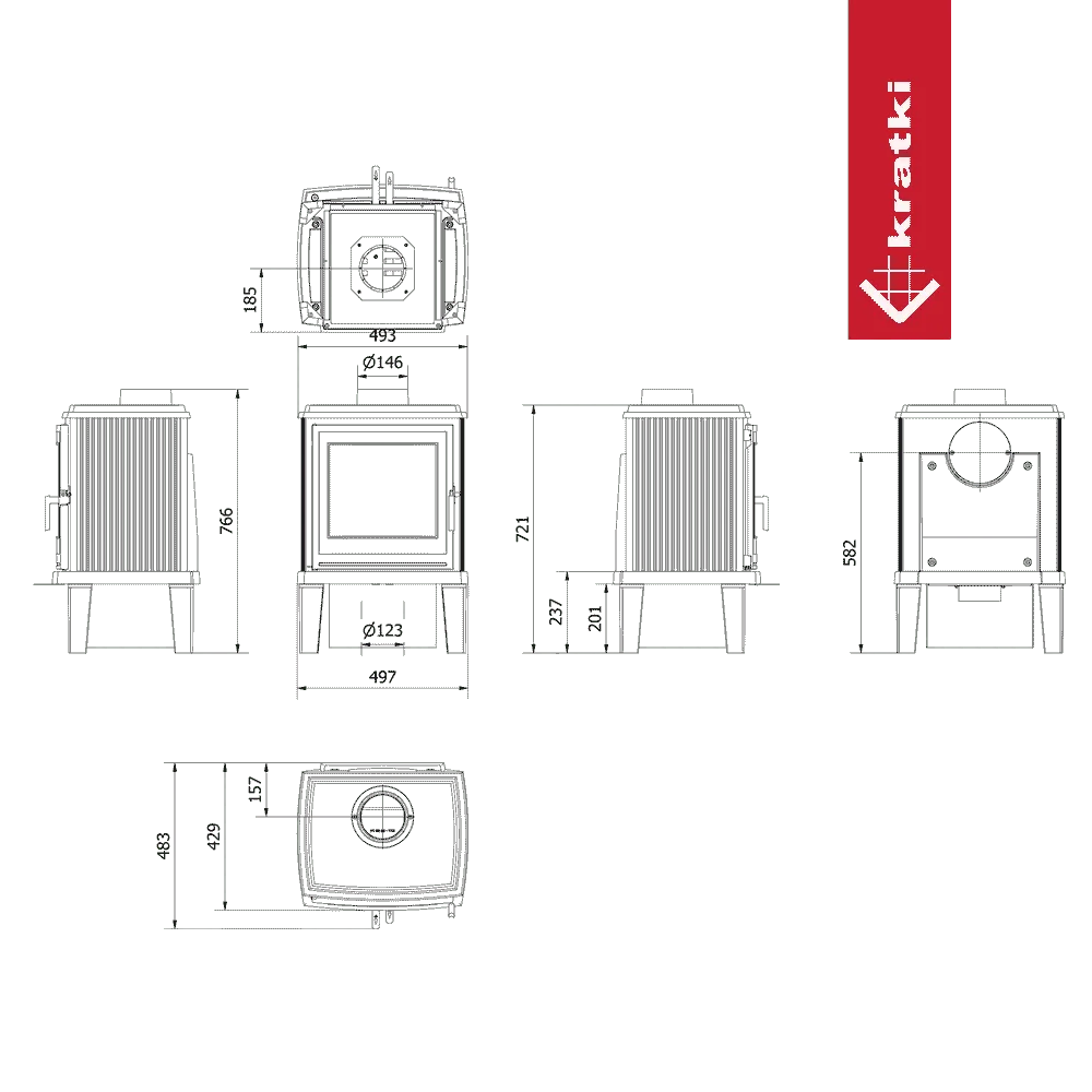 Technische tekening van de Kratki K11 houtkachel met afmetingen en zijaanzichten.