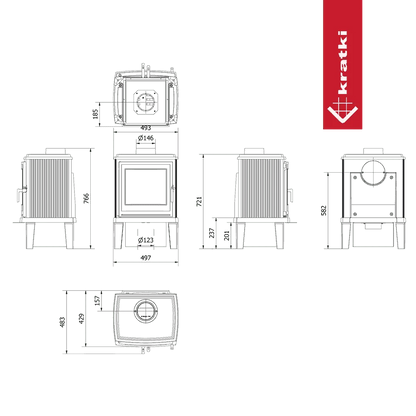 Technische tekening van de Kratki K11 houtkachel met afmetingen en zijaanzichten.