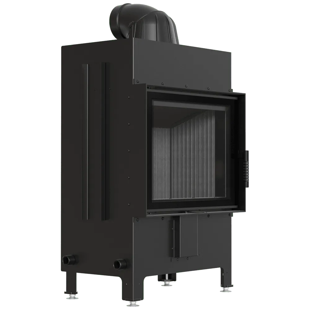 Zwarte Kratki Lucy 12 kW houtkachel met glazen deur en moderne, strakke afwerking.