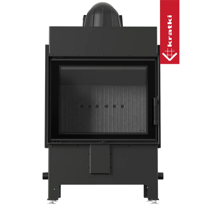 Zwarte Kratki Lucy 12 kW houtkachel met glazen deur en metalen frame.