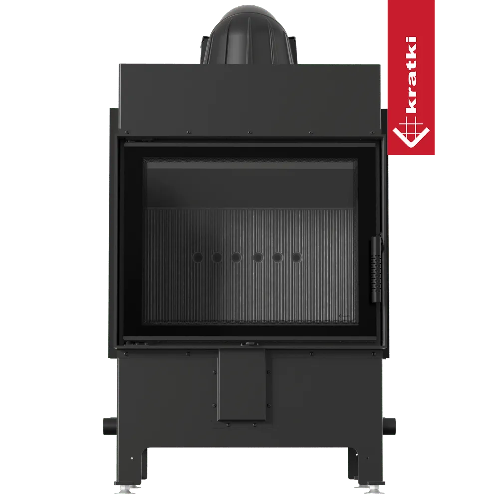 Zwarte Kratki Lucy 12 kW houtkachel met glazen deur en metalen frame.