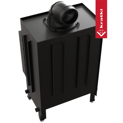 Zwarte Kratki Lucy 12 kW houtkachel met bovenafvoer en strak, modern ontwerp.