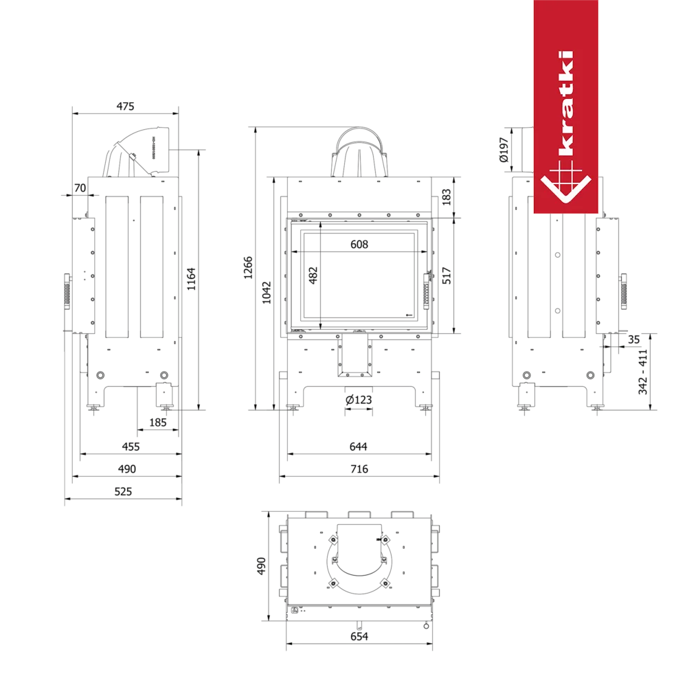 Technische tekening van de Kratki Lucy 12 kW haard met afmetingen.