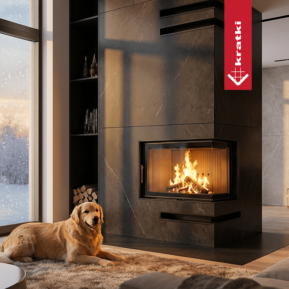 Kratki Lucy haard in moderne woonkamer met brandend vuur en hond op vloerkleed