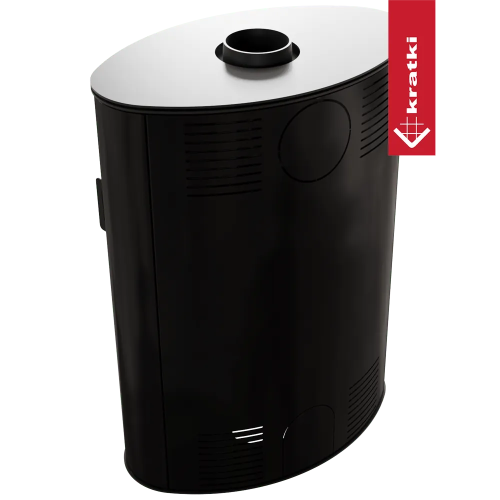 Zwarte, ovale Kratki AB 2 kachel met bovenste rookafvoer en ventilatieopeningen.