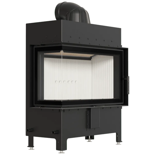 Zwarte Kratki Lucy 14 kW Links houtkachel met glazen zijpaneel en moderne uitstraling.
