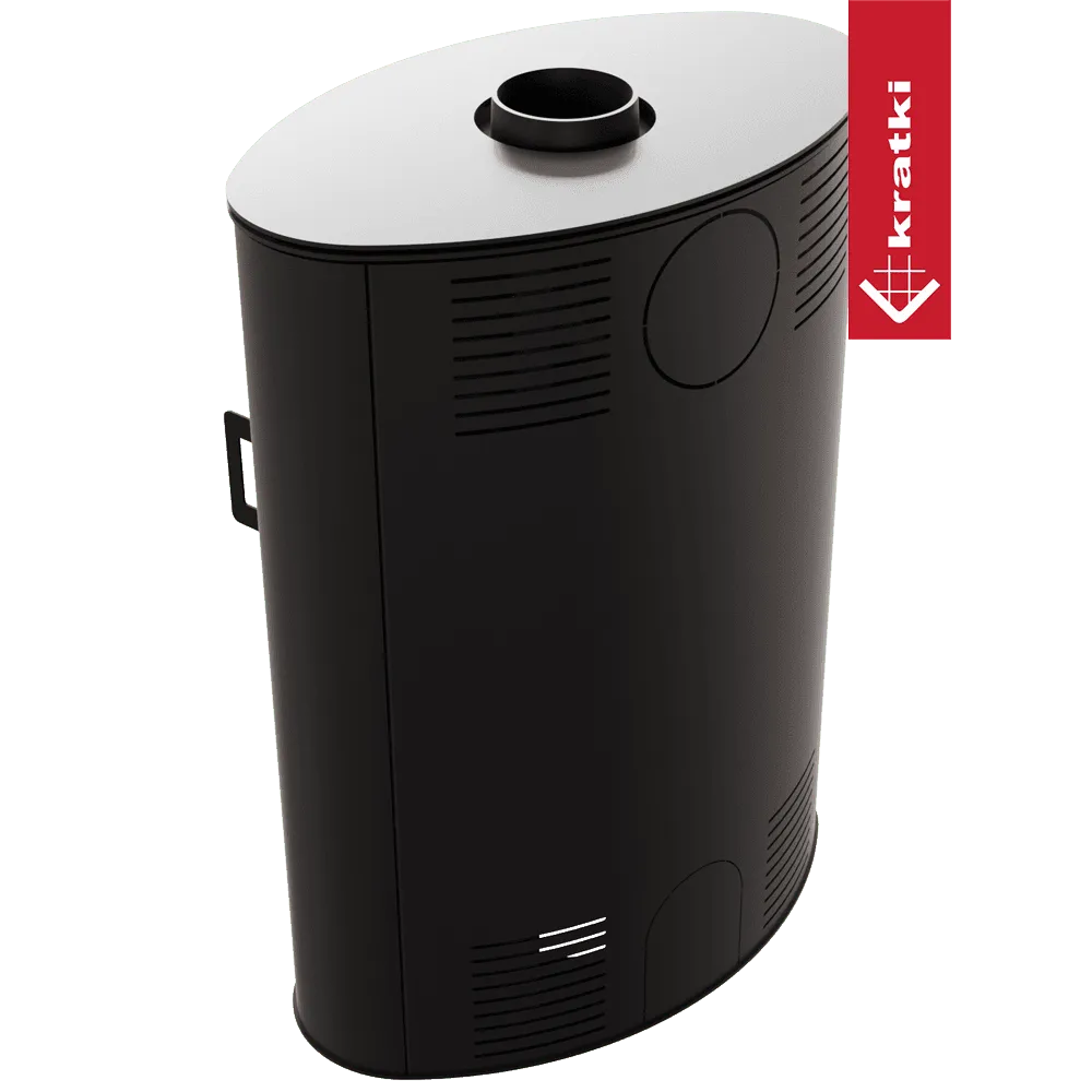 Zwarte, ovale Kratki AB 2 kachel met bovenaan rookafvoer en ventilatieopeningen aan de zijkanten.