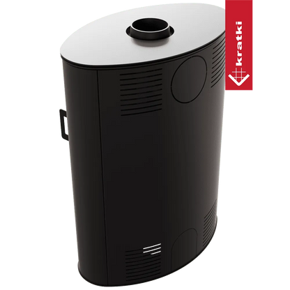 Zwarte, ovale Kratki AB 2 kachel met bovenaan rookafvoer en ventilatieopeningen aan de zijkanten.