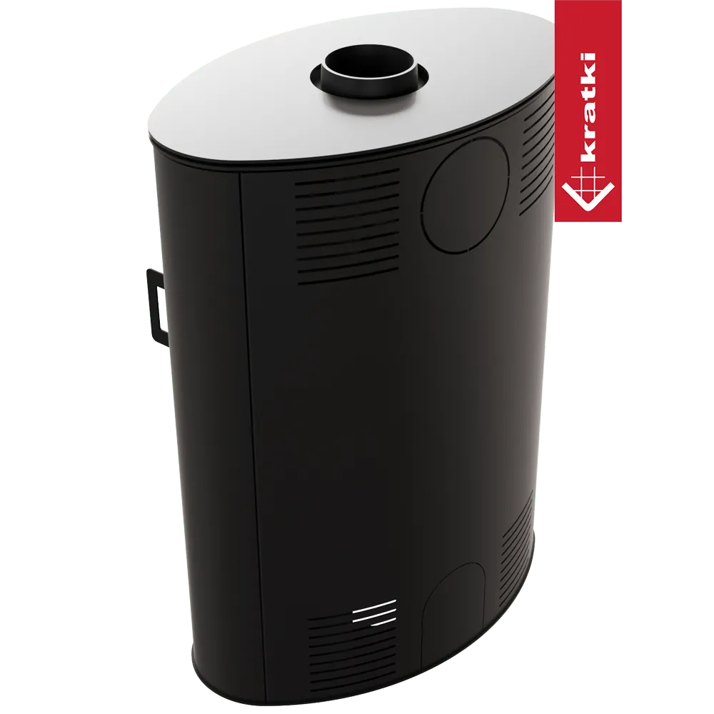 Zwarte, ovale Kratki AB 2 houtkachel met bovenafvoer en ventilatieroosters.