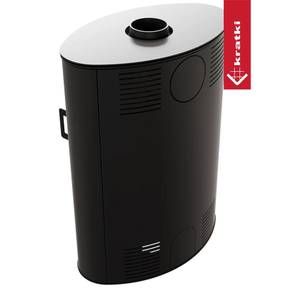 Zwarte, ovale Kratki AB 2 houtkachel met bovenafvoer en ventilatieroosters.