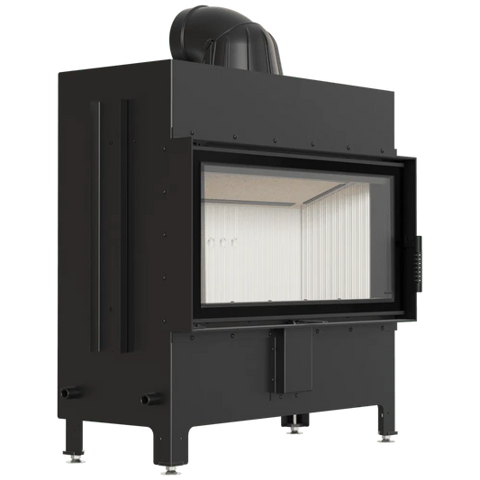 Zwarte Kratki Lucy 16 kW houtkachel met glazen deur en metalen afwerking.