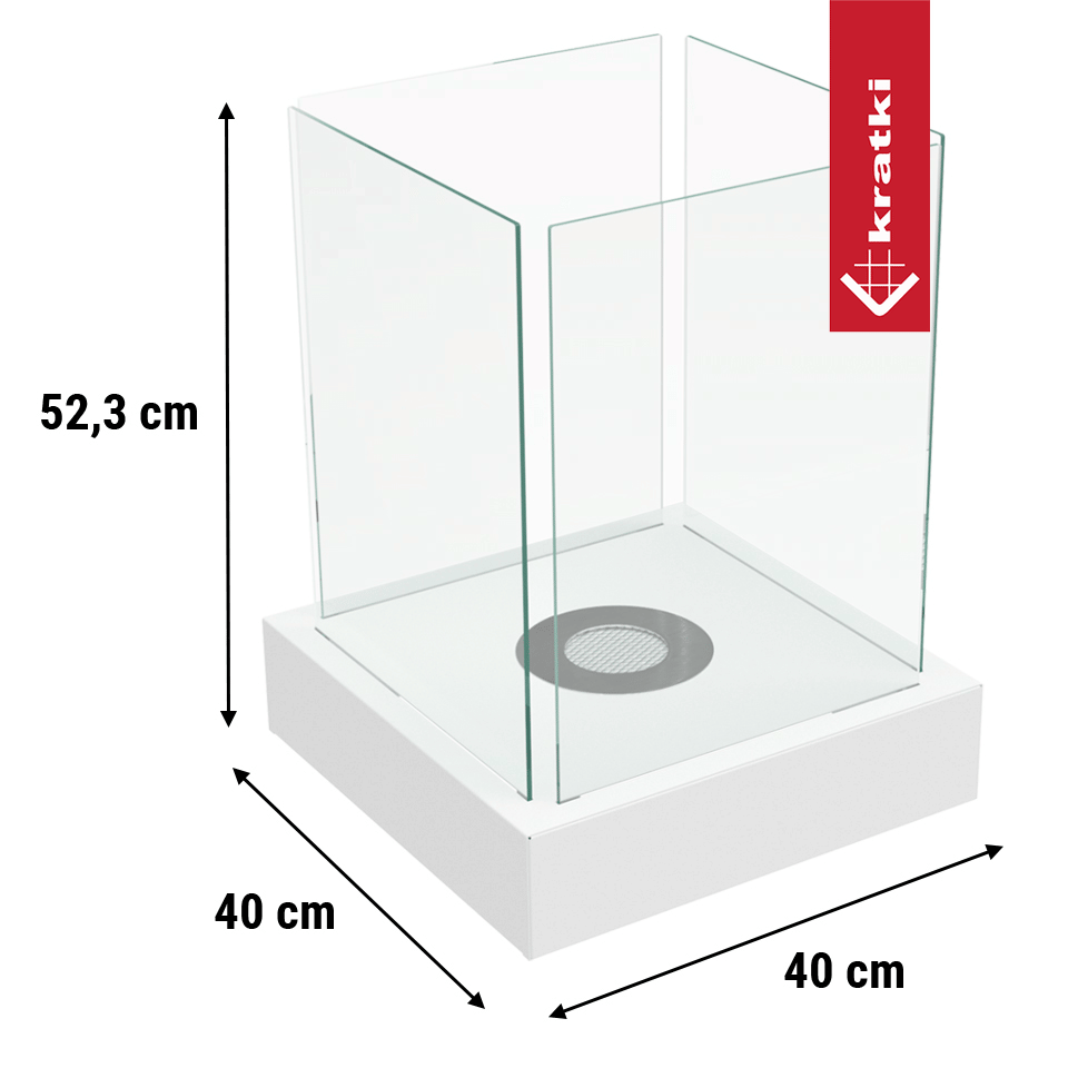 Kratki Tango4 TÜV, een glazen haard met afmetingen 52,3 cm hoog en 40 cm breed.