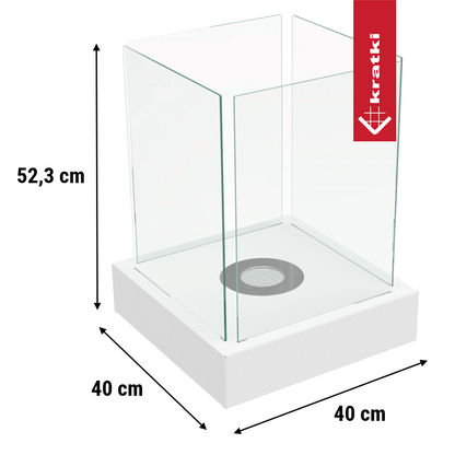 Kratki Tango4 TÜV, een glazen haard met afmetingen 52,3 cm hoog en 40 cm breed.