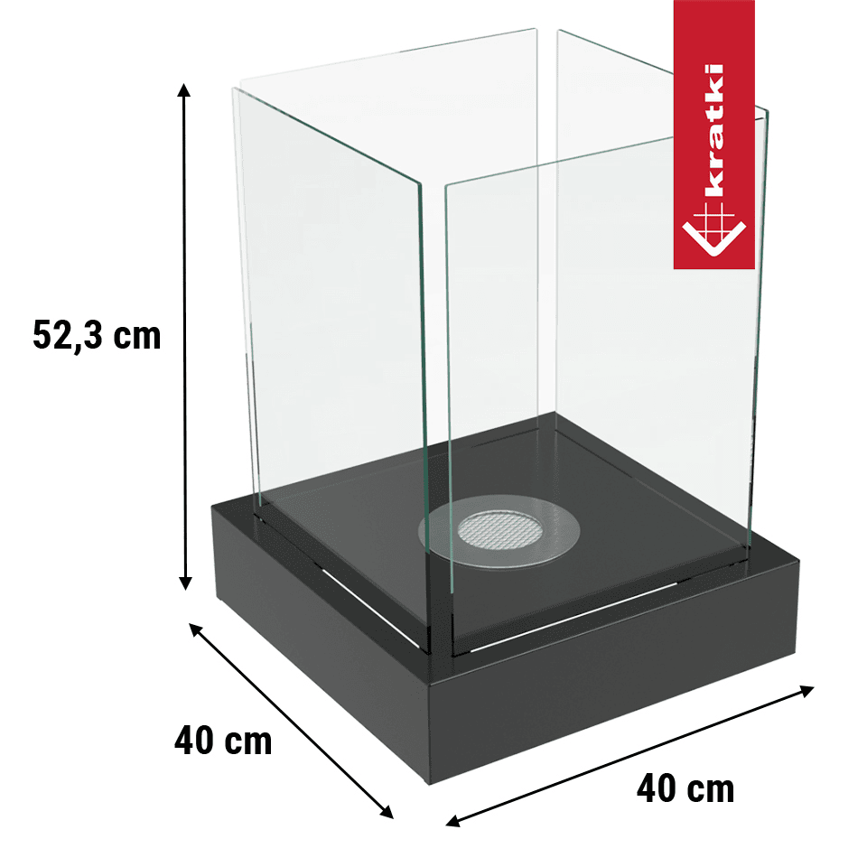 Kratki Tango4 TÜV bio-ethanol haard met afmetingen 52,3 cm hoog en 40 cm breed.