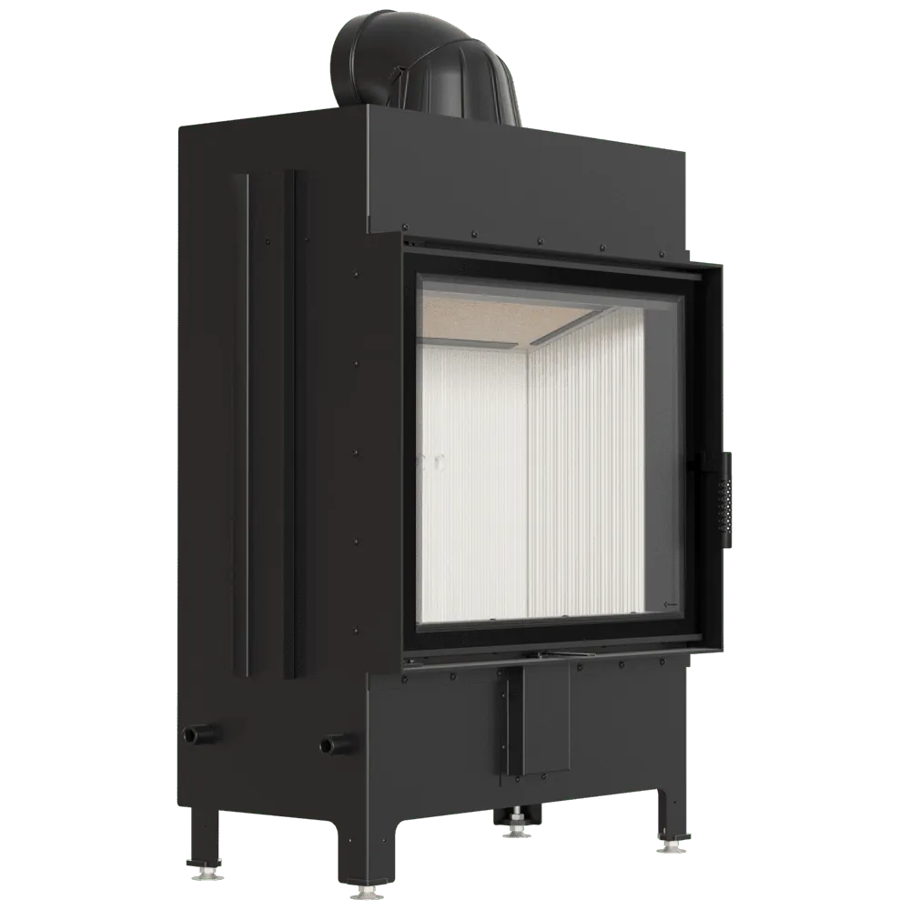 Zwarte Kratki Lucy 15 kW houtkachel met glazen deur en moderne, strakke afwerking.